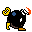 Pixel art animation of a black spherical character with blue eyes, yellow feet, and an orange fuse, showing multiple poses including walking and turning.