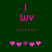 A green background displays pink text 'Luv' with a vertical line above it, six dots below, and five heart shapes at the bottom; one heart is purple.