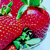 A close-up of two red strawberries with green leaves, showing textured surfaces and yellow seed dots on a light background.