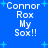 Blue background with light blue plus signs; white pixelated text reads "Connor Rox My Sox!!" in four identical quadrants.