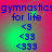 A static image displays 'gymnastics for life' text above three '<3' symbols on a pink and green gradient background.