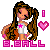 Pixel art contact sheet of a 7-frame animated icon featuring a cartoon girl with long brown pigtails, white crop top, and orange skirt in various poses with pink heart symbols and 'B.BALL' text.