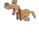 Animated cartoon dog in brown with red collar, performing sequential actions including holding a camera and jumping.