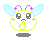 Pixelated character with light blue wings, pink antennae, and yellow mouth, displaying multiple facial expressions on a gray background.
