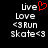 Pixelated text and symbols on black background with red heart symbol above 'live' in left ; identical layout in right
