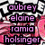 A static buddy icon with multiple text blocks listing names over a pixelated background featuring anime-style characters and heart motifs.