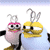 Two cartoon birds with yellow beaks and pink headbands stand side-by-side, displaying different facial expressions across four