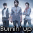 Six pixelated figures in light blue shirts and dark pants stand side-by-side against a bright background with text reading 'Burnin' up' at the bottom.