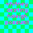 Pixelated text on a green and blue checkered background with no visible animation changes.