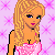 Pixel art contact sheet of a blonde cartoon woman in pink polka-dot dress against pink diamond-patterned background with text elements.
