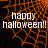 Animated orange spiderweb background with white text reading 'happy halloween!!' in pixelated font, showing frame variation.