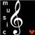 A black background features a large white treble clef symbol, with the word 'MUSIC' vertically aligned to its left in pixelated letters and a small red heart shape at bottom right.