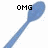 Blue spoon with pixelated text 'OMG', 'IT'S A', and 'BRAINEATER!' across three views, one view partially cropped by gray rectangle.