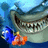 Pixelated cartoon shark with wide grin showing teeth, blue fish and orange fish in foreground, orange text "Shark Bait" and "oo ah ah" on light backgrounds.