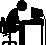 Pixel art depicting three office scenes: a person typing at a desk, an empty chair with stars above it, and a figure hunched over a table.