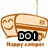 Pixelated beige camper van with smiling face, black text boxes, and 'Happy Camper' text below, displayed in three variations with different text overlays.