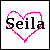 Pixelated heart outline in bright pink surrounds black text reading 'Seila' on a white background with a thin black border.