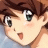 A 48x48 pixel animated buddy icon featuring a close-up of an anime-style character's face on the left and text elements on the right against a black background.