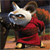 A cartoon raccoon in a red dress with a white mask, standing in a dynamic pose against a dark background.
