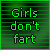 A static contact sheet of 15 identical green text frames on a dark background with horizontal lines, each displaying the phrase "Girls don't fart" in pixelated font.