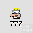 Pixelated character with yellow crown, white shirt, red chest emblem, and brown arms in multiple poses above repeated '777' text.