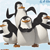 Four pixelated penguins stand in a group against a light blue background with white cloud shapes, each with black-and-white bodies and orange beaks and feet.