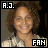 A pixelated portrait of a person with curly brown hair wearing a light-colored patterned shirt, with text overlays reading "A.J." and "FAN".