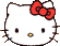 Four pixelated Hello Kitty faces with red bows, each showing different eye expressions against a gray background.