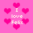 Pixelated pink background with scattered pink hearts and repeated white text "I love Felix" in four quadrants.
