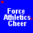 Blue background with white text reading 'Force Athletics Cheer' and scattered red and purple stars in a