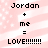 Pixelated text on a pink and white striped background with white sparkles, showing 'Jordan + me = LOVE!!!!!!!!' in four identical