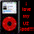 Pixelated image of a red circular object with a dark center and a small screen showing abstract patterns, next to red text reading "i love my u2 ipod!!!" on black background.