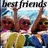 Pixelated image with 'Best Friends' text above three figures in red and brown tones against a light blue background.