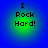 Four identical circular icons with blue outer rings and green inner gradients display "I Rock Hard!" in black pixelated text.
