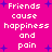A static image with a bright pink background displays repeated white text reading "Friends cause happiness and pain" surrounded by small blue star shapes.