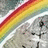 A static pixelated image shows a diagonal rainbow stripe over a grayscale cartoon character with closed eyes and a neutral expression.