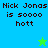 Pixelated text reads "Nick Jonas is soooo hott" on four colored backgrounds with two star icons.