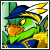 Pixelated green dragon-like creature with blue hat and yellow accents, holding a white object in its mouth against a light background.