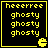 Yellow pixelated text and symbols on black background with four identical arranged in a , each containing 'heeeerree' above three 'ghosty' lines and a small ghost icon