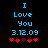 Blue pixelated text "I Love You 3.12.09" on black background with red heart symbols below, two variations of heart arrangement.