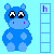 Blue pixelated hippo with large eyes and pink cheeks, displayed in a of six variations showing different text labels on the right