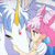 Two side-by-side anime-style character portraits with pink hair and white clothing, one holding a yellow object near the face.