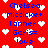 Red background with white pixelated hearts and blue text listing names 'Chelsea', 'Micicke+', 'Tanner', 'Garis=', 'love' in two vertical