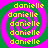A static image shows four identical spiral patterns with alternating green and pink colors, each containing the repeated text 'danielle' in yellow pixelated font.