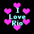 Pixelated cyan text "I Love Rio" surrounded by pink hearts on a black background, with heart positions shifting across frames.