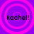 Four identical circular frames with concentric pink rings on a purple background, each containing the text "Rachel!" in black pixelated font.