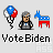 Pixel art animation showing a gray-haired figure with balloons and donkey symbol, cycling through text banners and gestures.
