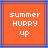 Pixelated orange square with blue and purple lines, displaying white text 'summer HURRY up' in three