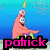 Pixelated cartoon character with pink body and white eyes, holding a yellow object above its head against blue background with green accents.