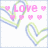 Pixelated pink text and heart symbols on a white background with layered blue and green heart outlines.